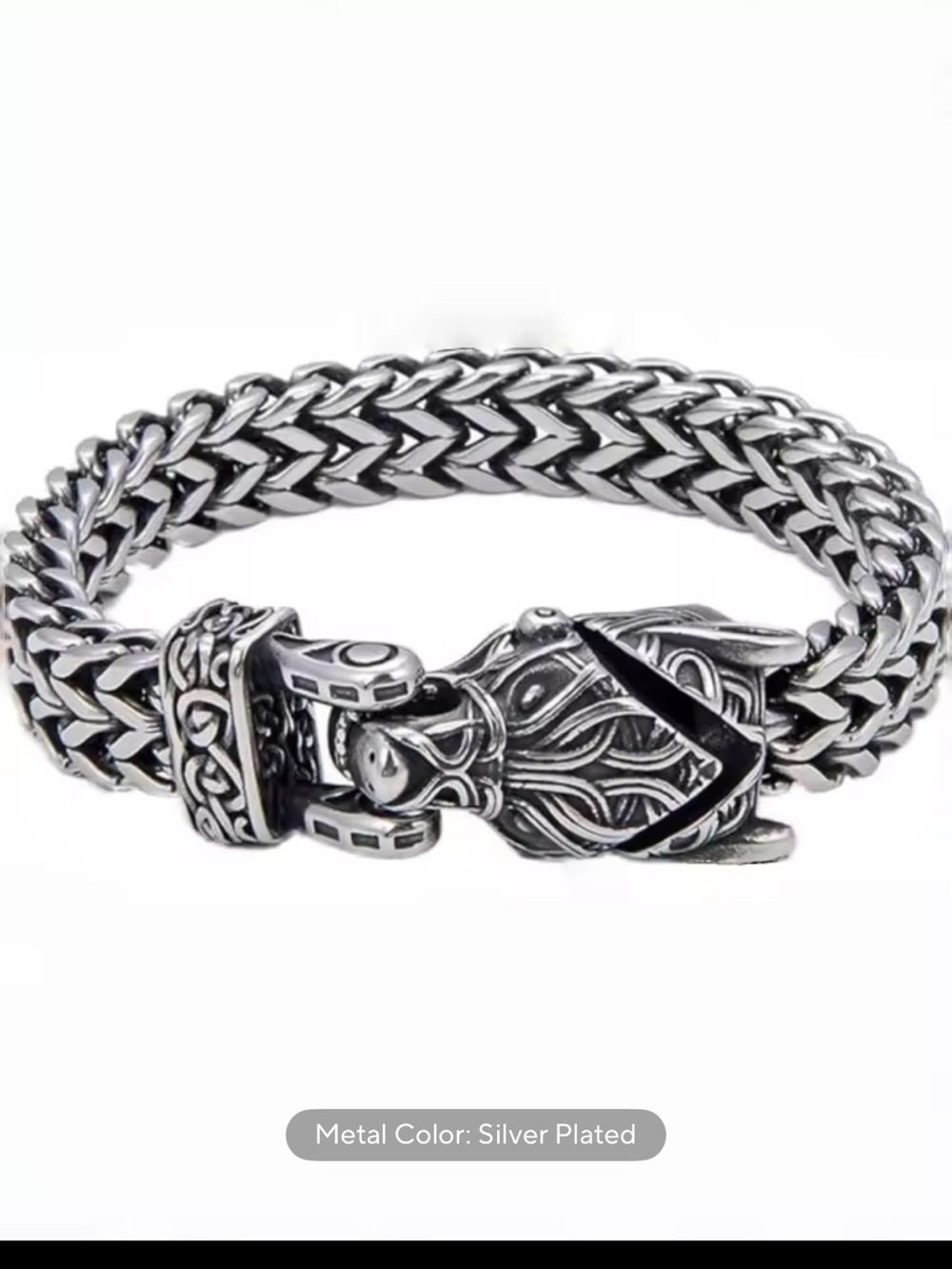 Sterling Silver Viking Wolf Bracelet - Braided Chain - Picture 8 of 11